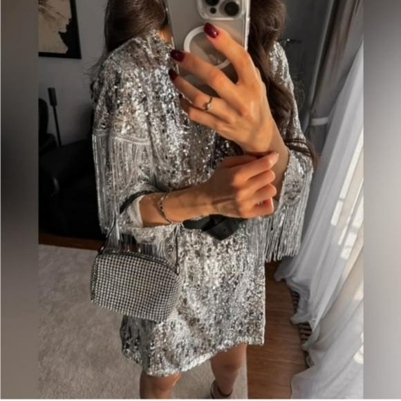 ZARA FRINGED SEQUIN MINI SHIFT DRESS - Picture 3 of 7